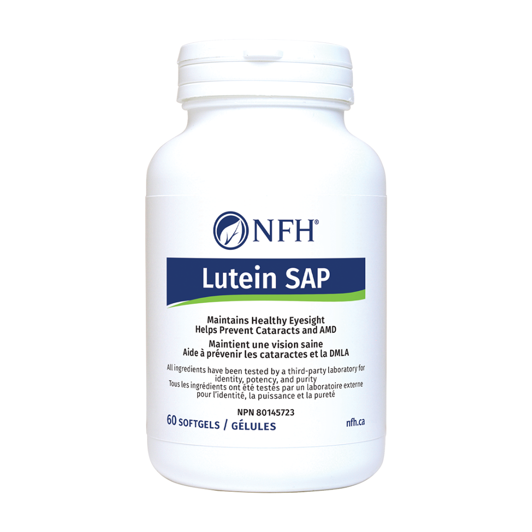 A white plastic bottle of NFH Lutein SAP softgels on a plain white background. The label features the NFH logo and a blue banner with the product name 'Lutein SAP' in white text.