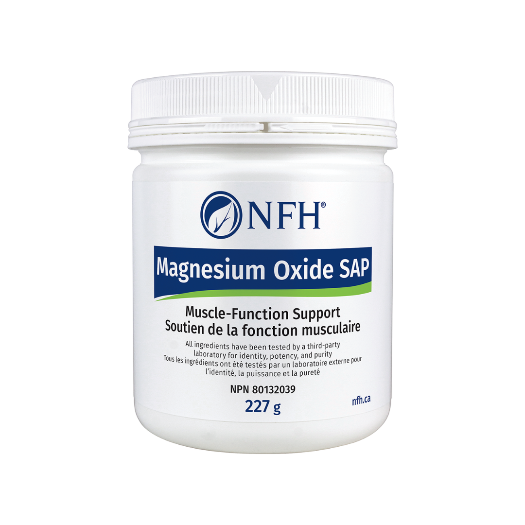 A white plastic tub of NFH Magnesium Oxide SAP with a white screw cap, featuring a blue and green label on a plain white background.
