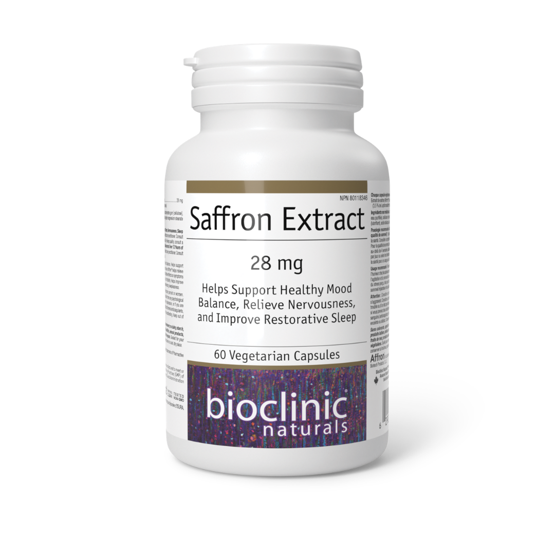 A white plastic bottle of bioclinic naturals Saffron Extract 28 mg dietary supplement, containing 60 vegetarian capsules, shown on a clean white background.