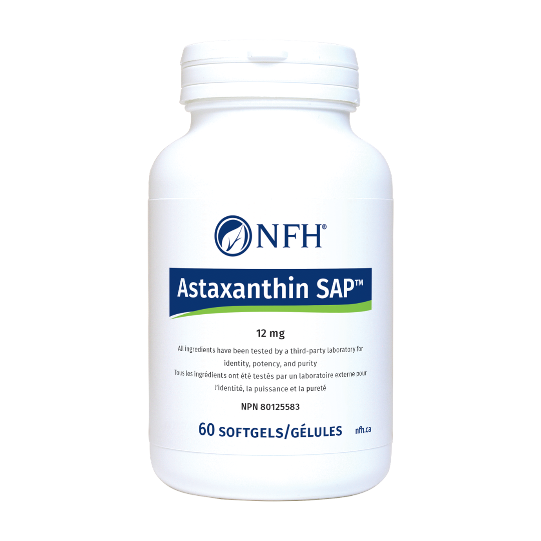A white plastic bottle of NFH Astaxanthin SAP 12 mg softgels, featuring a clean white label with blue and green branding details, on a solid white background.