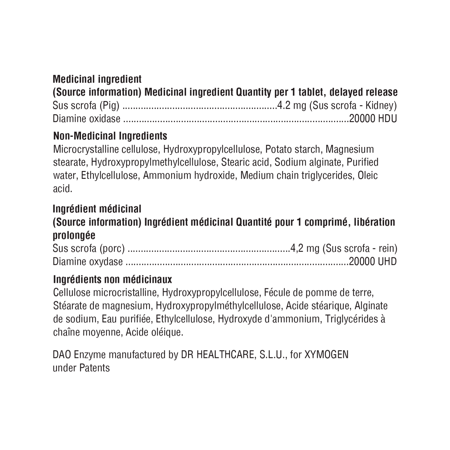 Xymogen HistDAO Ingredient List