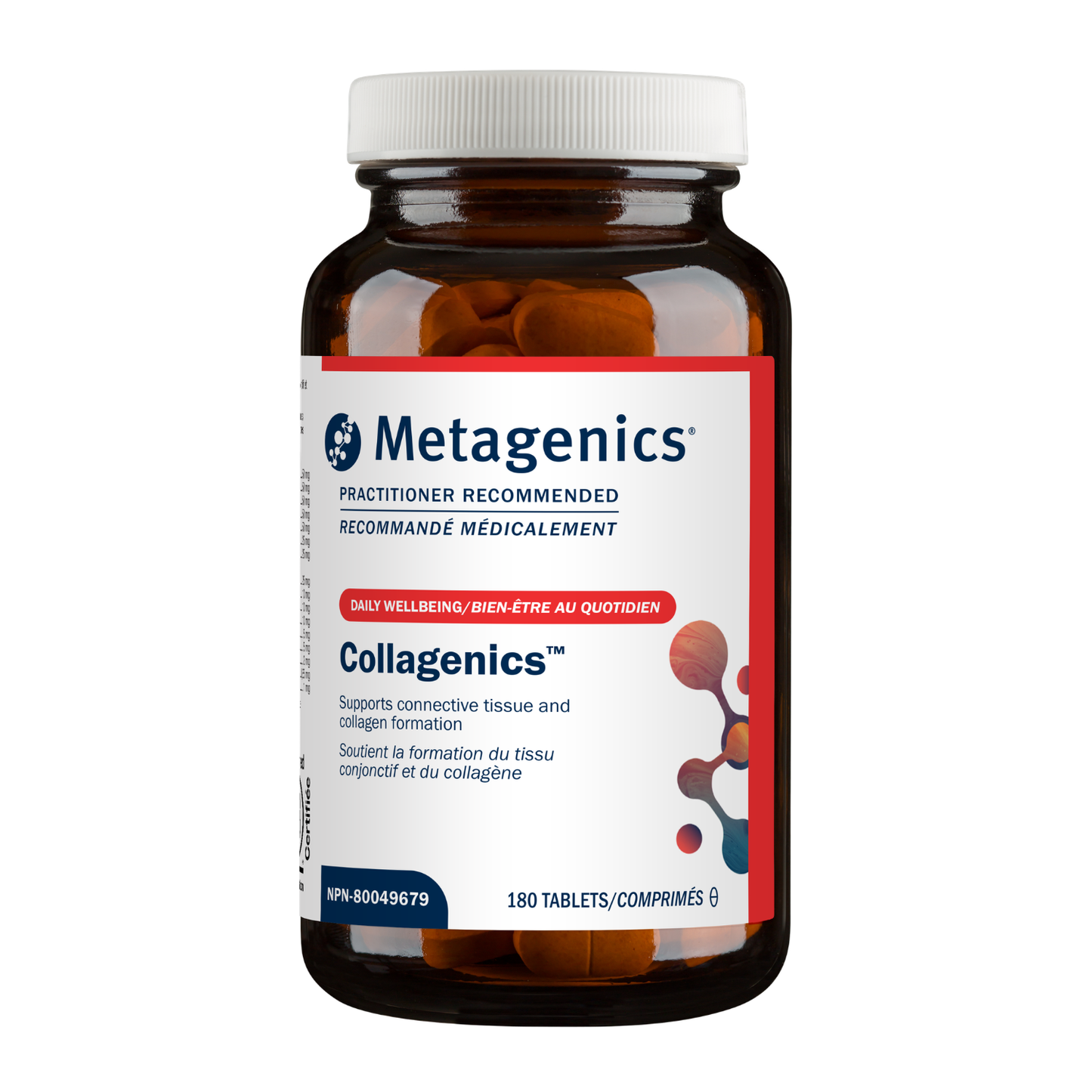 Metagenics Collagenics supplement bottle on a white background