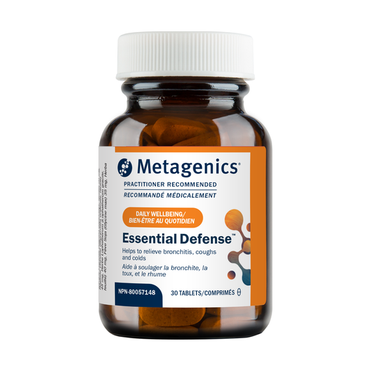 Metagenics Essential Defense supplement bottle on a white background