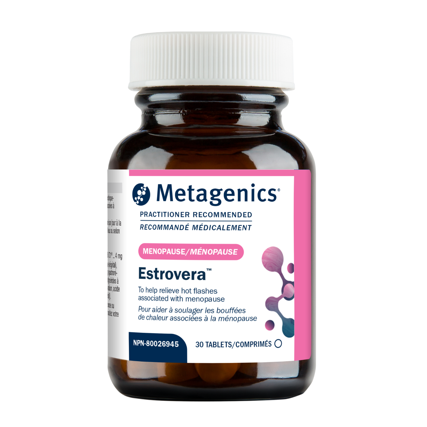 Metagenics Estrovera supplement bottle on a white background