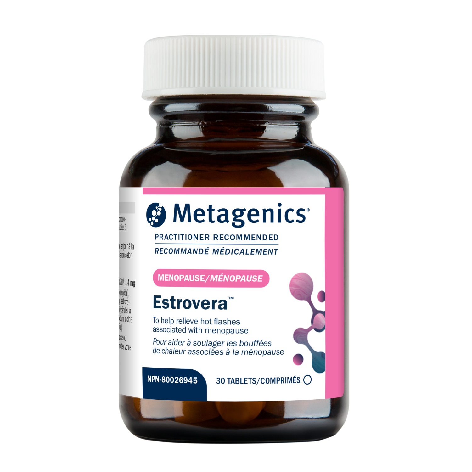 Metagenics Estrovera supplement bottle on a white background