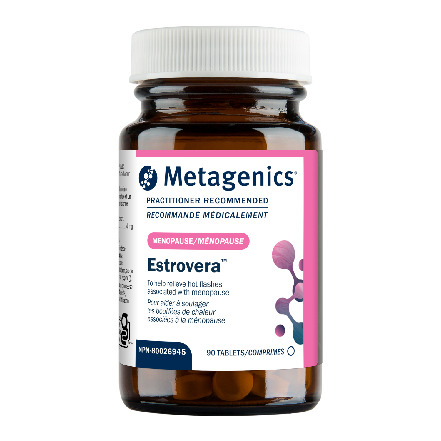 Metagenics Estrovera supplement bottle on a white background