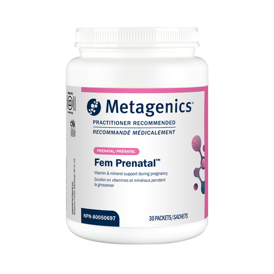 Metagenics Fem Prenatal supplement container on a white background