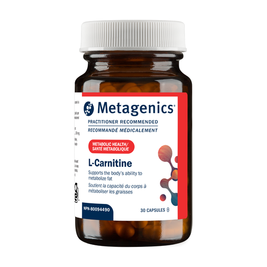 Metagenics L-Carnitine supplement bottle on a white background