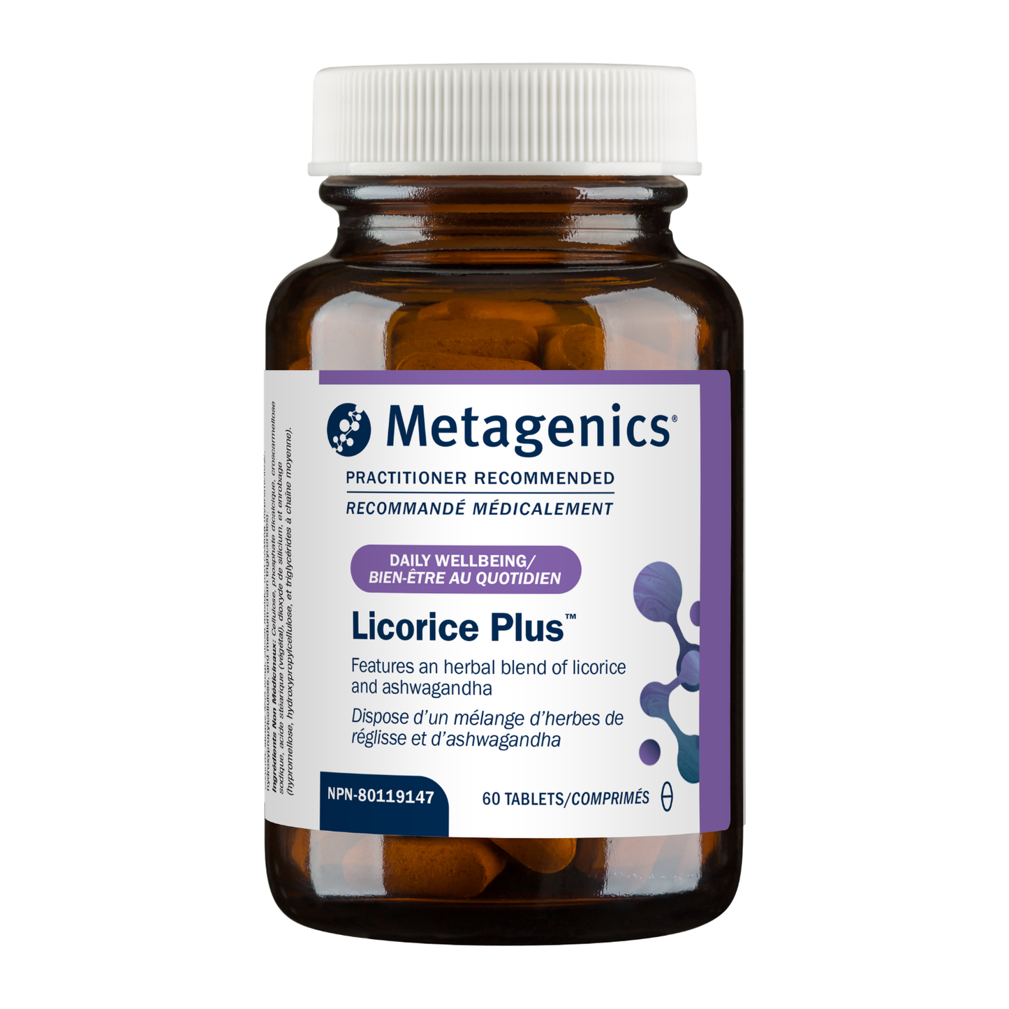 Metagenics Licorice Plus supplement bottle on a white background