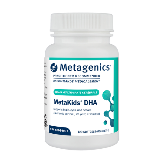 Metagenics MetaKids DHA supplement bottle on a white background