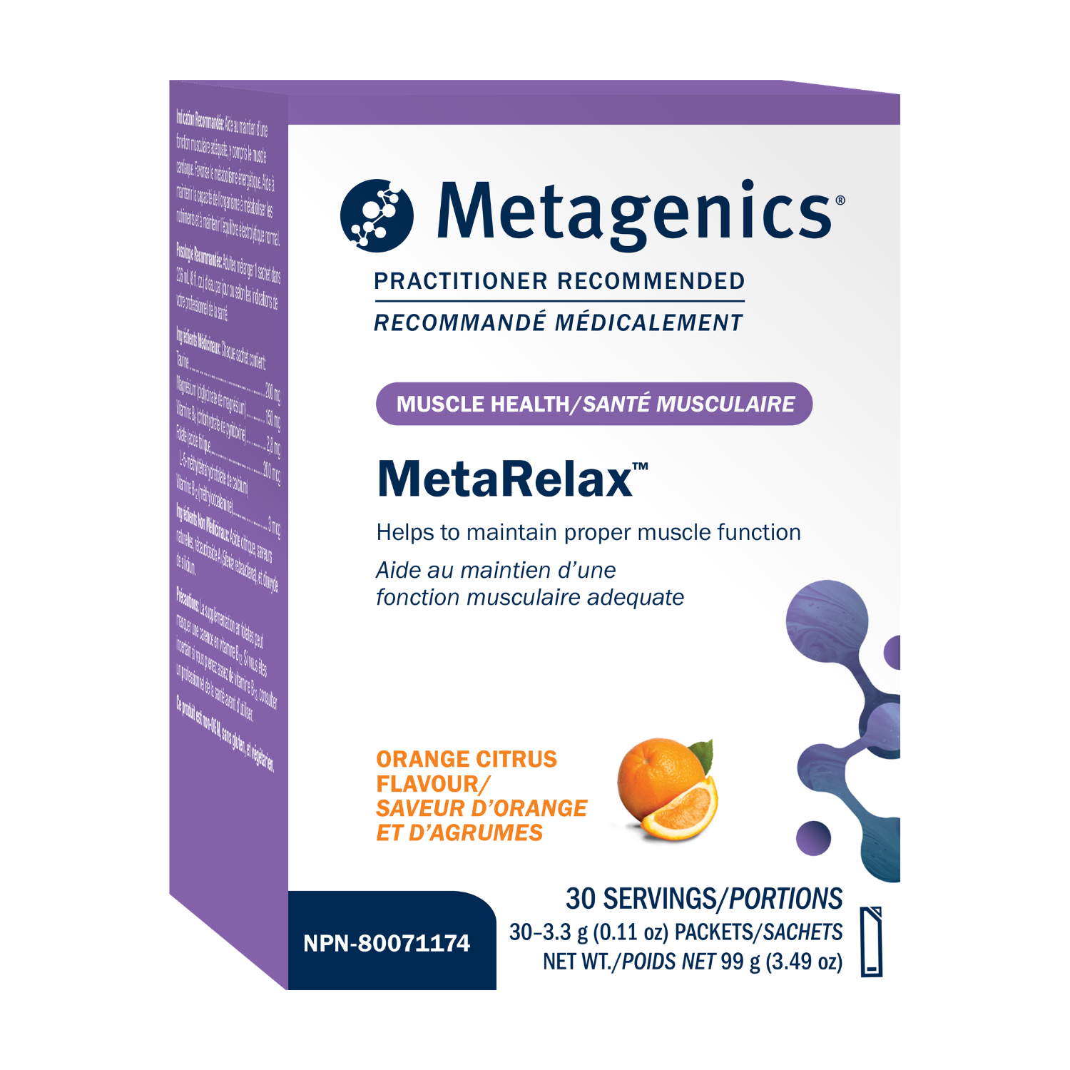 Metagenics MetaRelax supplement packaging with purple and white design.