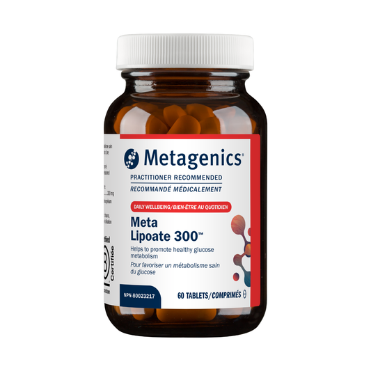 Metagenics Meta Lipoate 300 supplement bottle on a white background