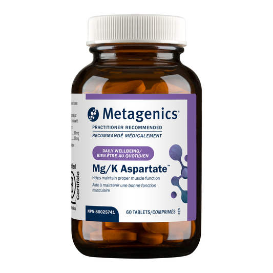Metagenics Mg/K Aspartate supplement bottle on a white background