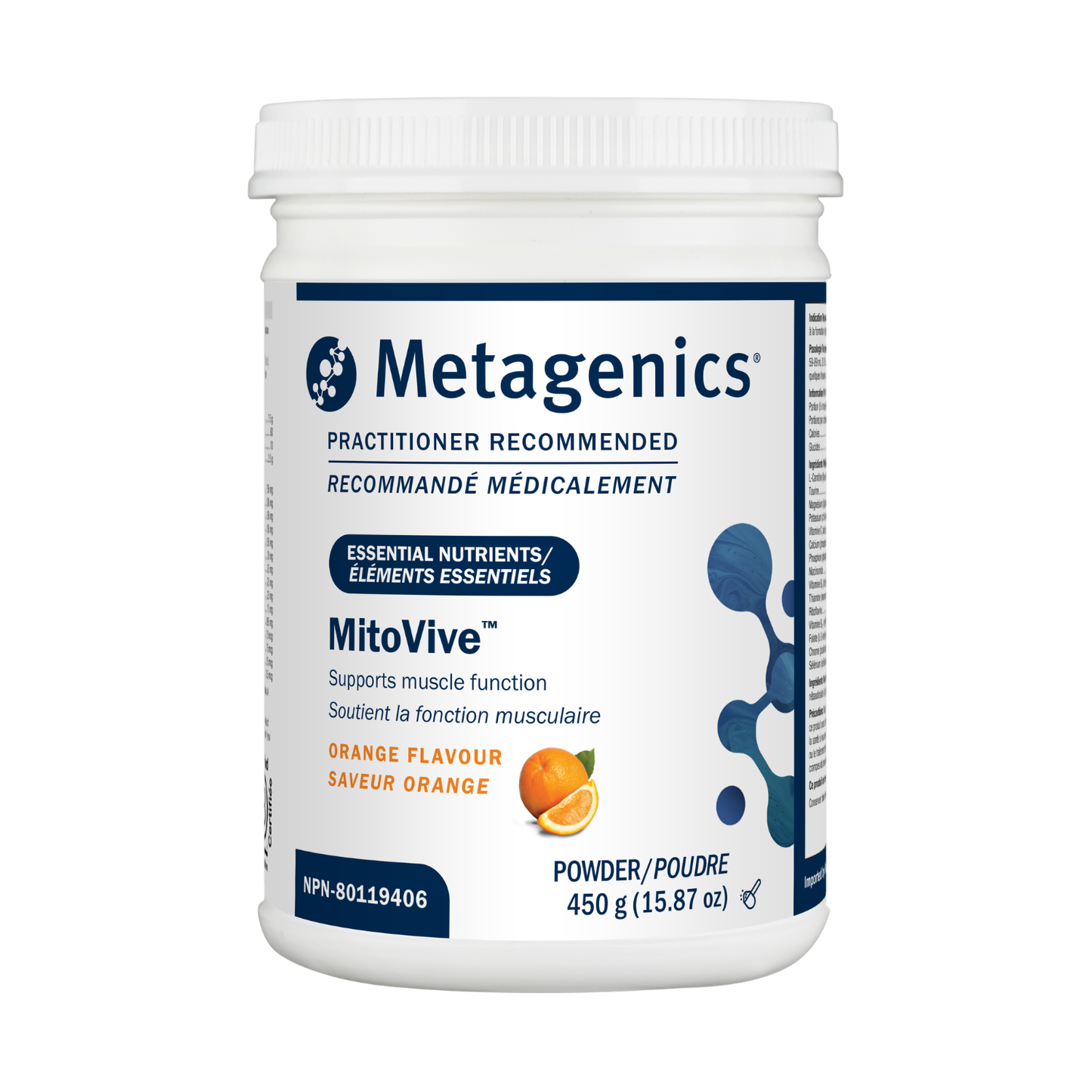 Metagenics MitoVive powder container on a white background