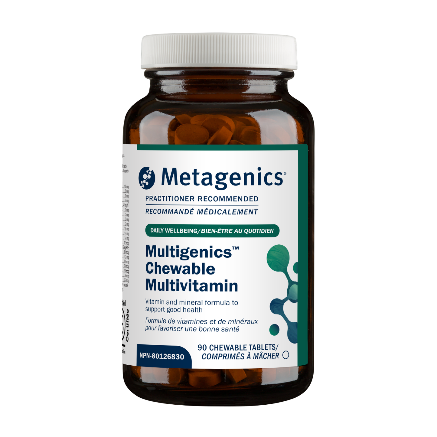 Metagenics Multigenics Chewable Multivitamin bottle on a white background