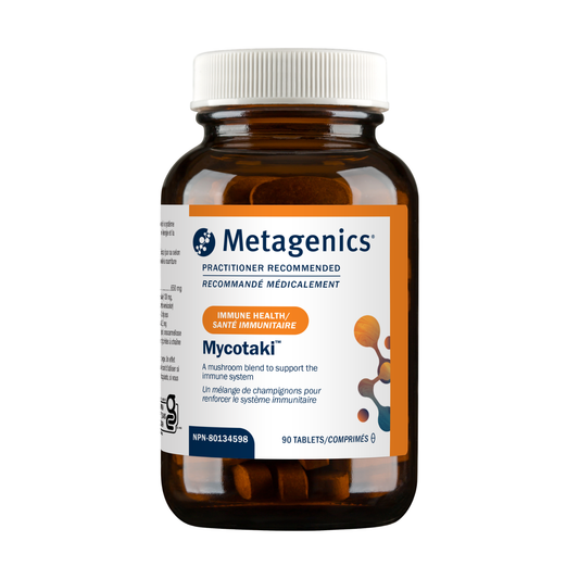 Metagenics Mycotaki supplement bottle on a white background