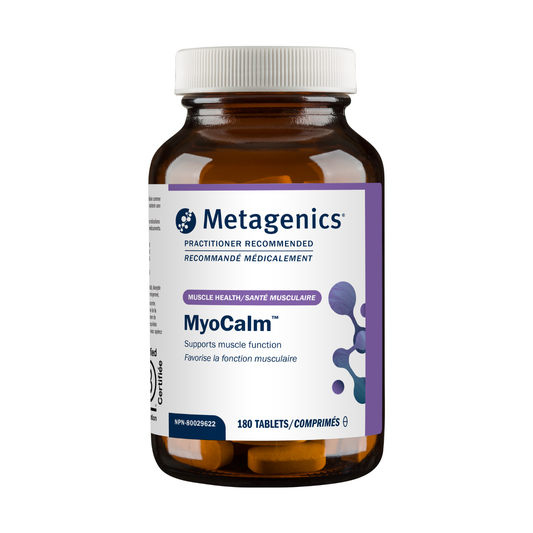 Bottle of Metagenics MyoCalm supplement on a white background