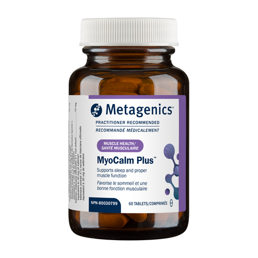 Metagenics MyoCalm Plus supplement bottle on a white background