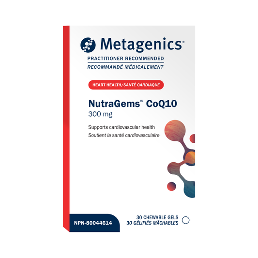 Metagenics NutraGems CoQ10 supplement packaging on a white background