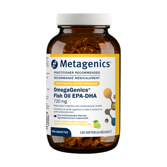 Metagenics OmegaGenics Fish Oil EPA-DHA supplement bottle on a white background