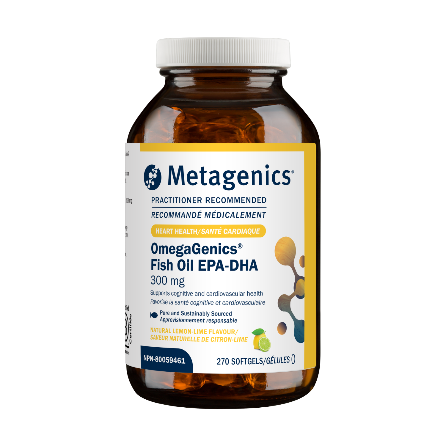 Metagenics OmegaGenics Fish Oil EPA-DHA supplement bottle on a white background