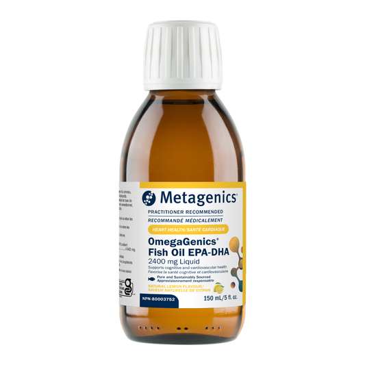 Metagenics OmegaGenics Fish Oil bottle on a white background