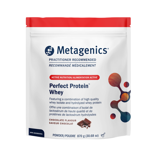 Metagenics Perfect Protein Whey powder package on a white background