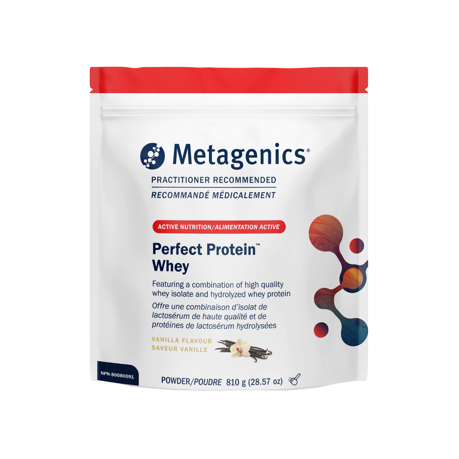 Metagenics Perfect Protein Whey powder package on a white background