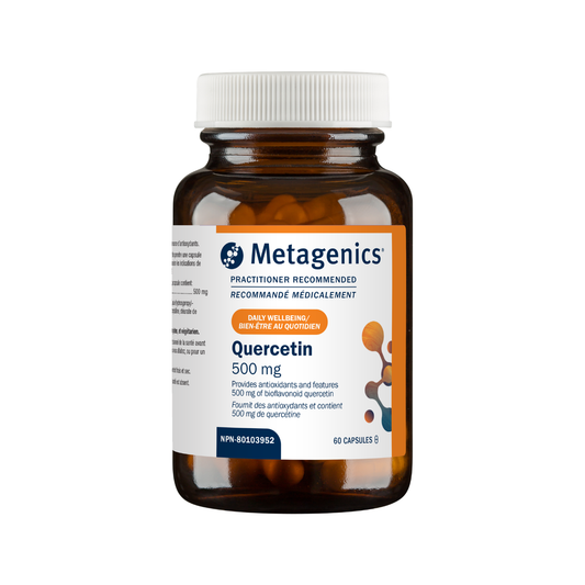 Metagenics Quercetin 500 mg supplement bottle on a white background