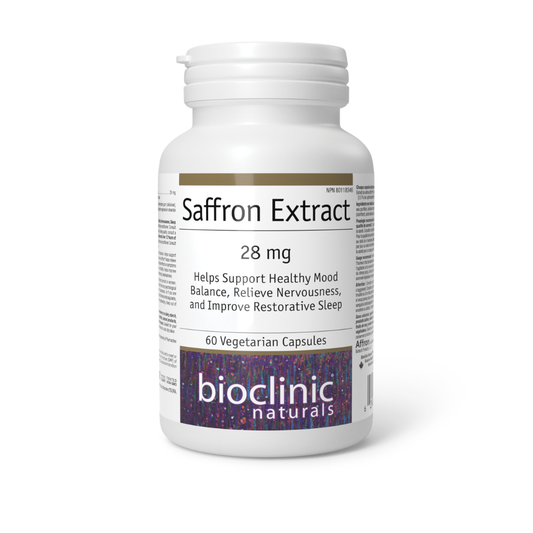 A white plastic bottle of bioclinic naturals Saffron Extract 28 mg dietary supplement, containing 60 vegetarian capsules, shown on a clean white background.