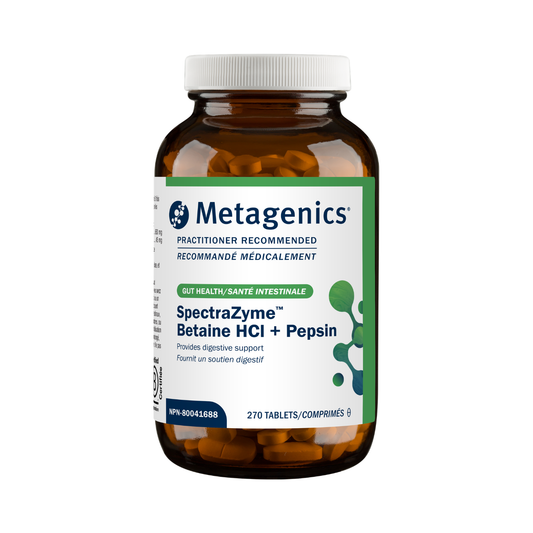 Metagenics SpectraZyme Betaine HCl + Pepsin supplement bottle on a white background