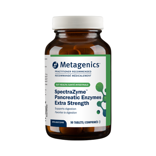 Metagenics SpectraZyme Pancreatic Enzymes Extra Strength supplement bottle on a white background