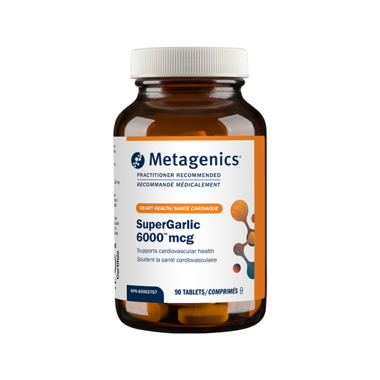 Metagenics SuperGarlic 6000 mcg supplement bottle on a white background