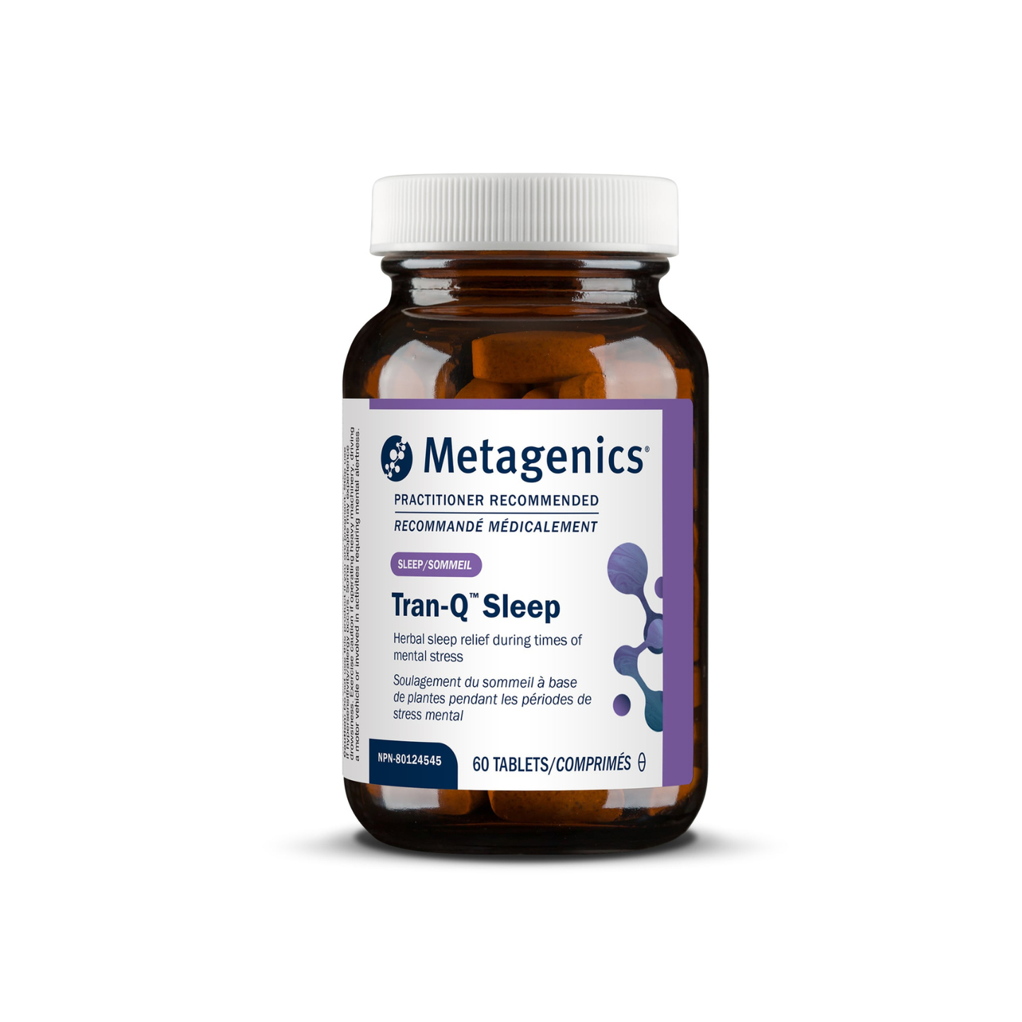 Metagenics Tran-Q Sleep supplement bottle on a white background