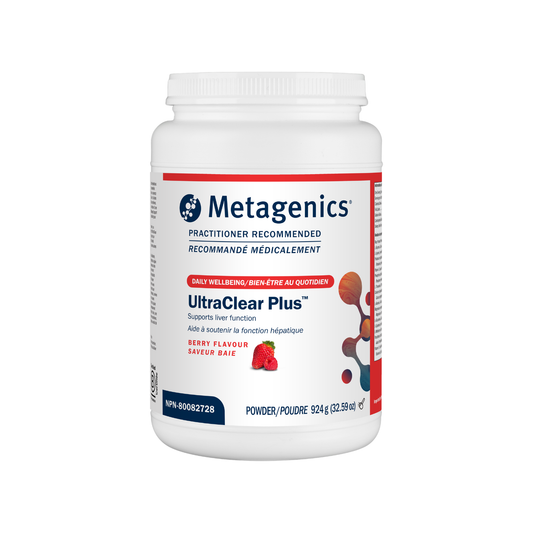 Metagenics UltraClear Plus powder container on a white background