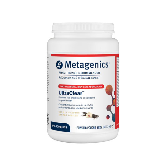 Metagenics UltraClear powder container on a white background