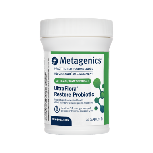 Metagenics UltraFlora Restore Probiotic container on a white background