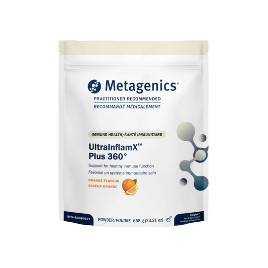 Metagenics UltraInflamX Plus 360 powder package on a white background