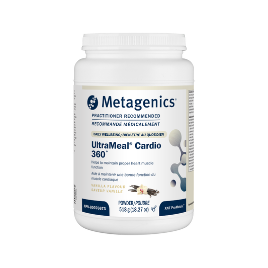 Metagenics UltraMeal Cardio 360 powder container on a white background