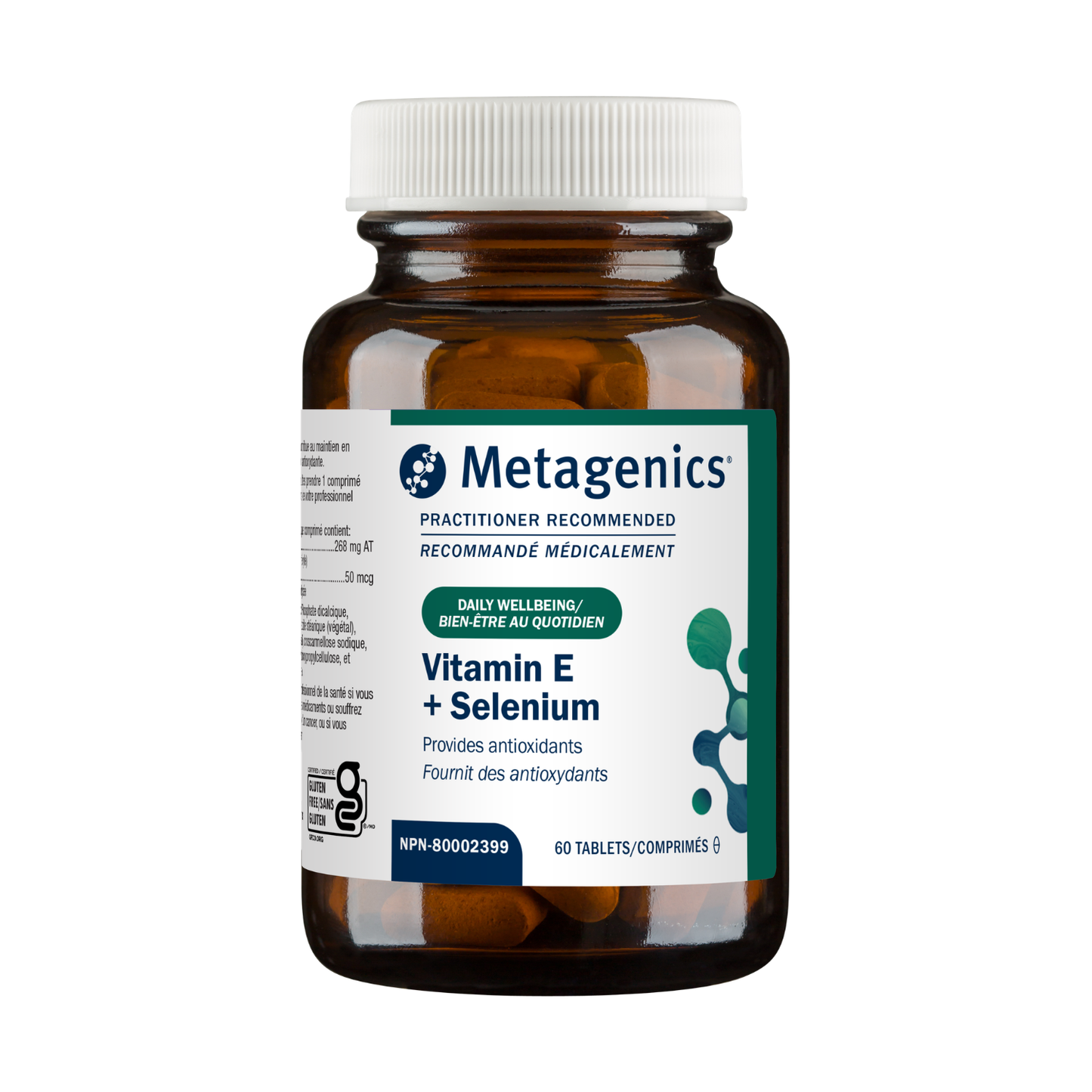 Metagenics Vitamin E + Selenium supplement bottle on a white background