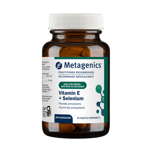 Metagenics Vitamin E + Selenium supplement bottle on a white background