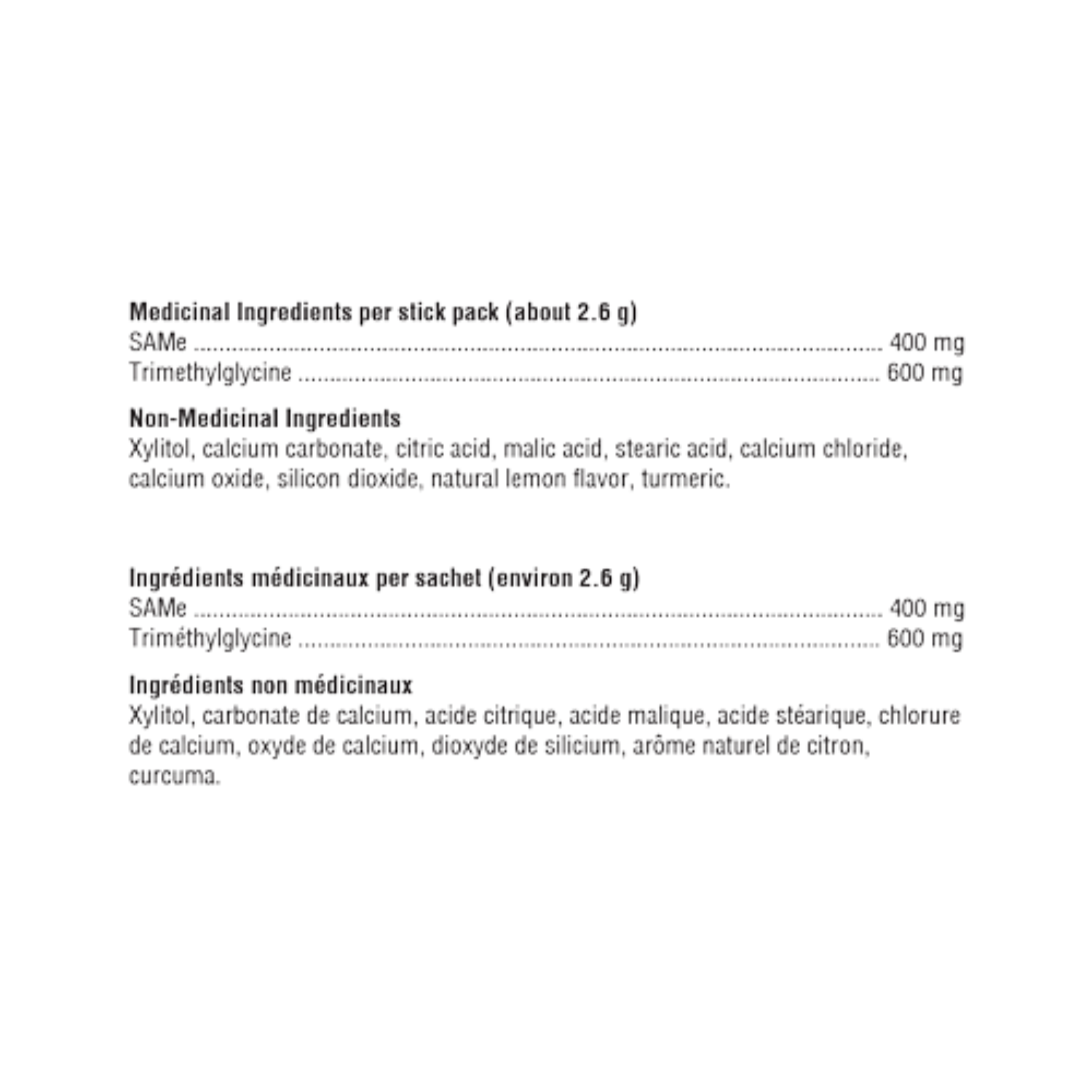 Xymogen SAMe TMG Ingredient List